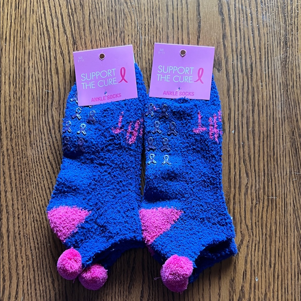 Support the Cure Blue and Pink Ankle Socks with Ribbon Design